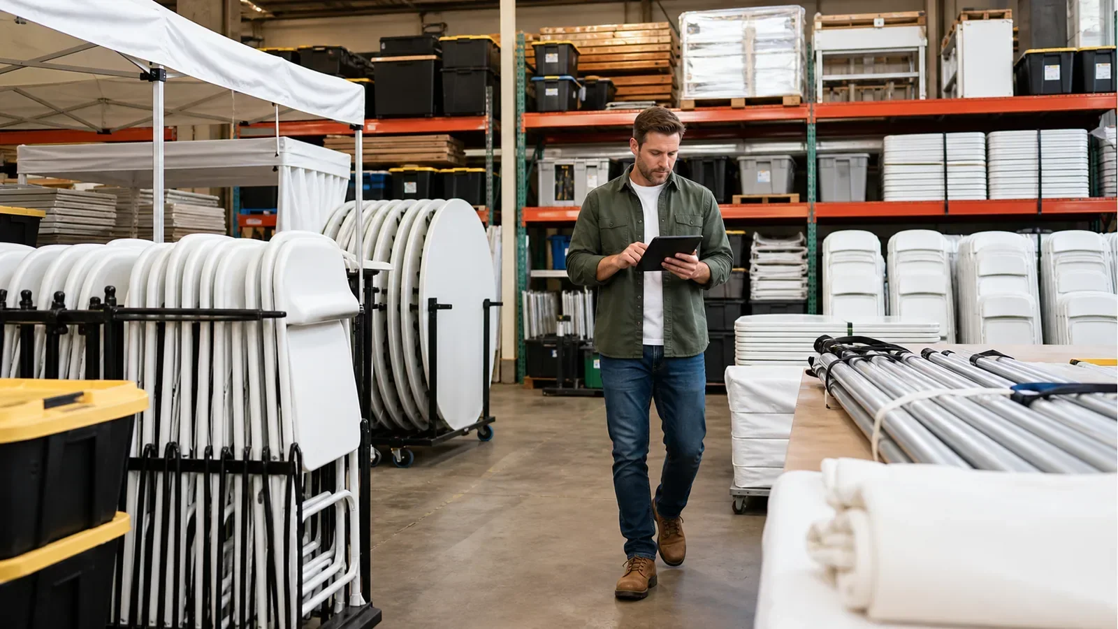 Warehouse with tents, tables, chairs, and event rental inventory.